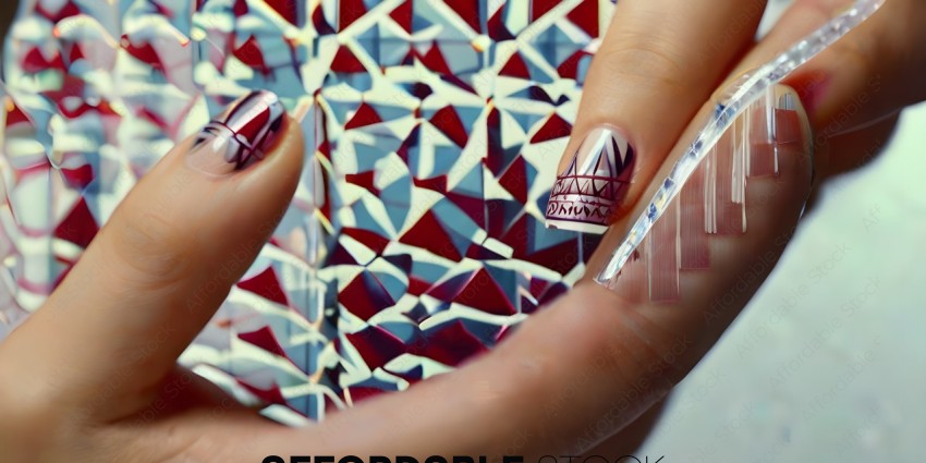 A person holding a cell phone with a red and blue pattern