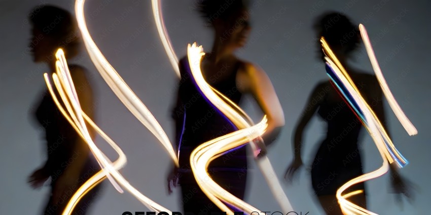 Two women wearing black dresses with yellow and blue lights