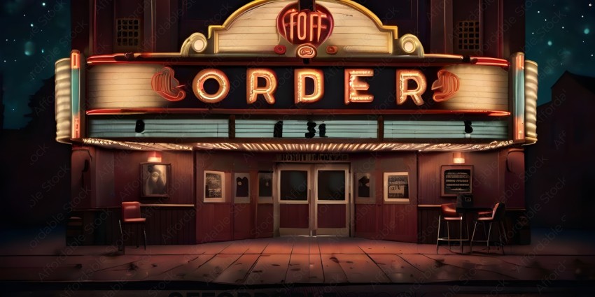 A movie theater with a neon sign that says "ORDER" on it