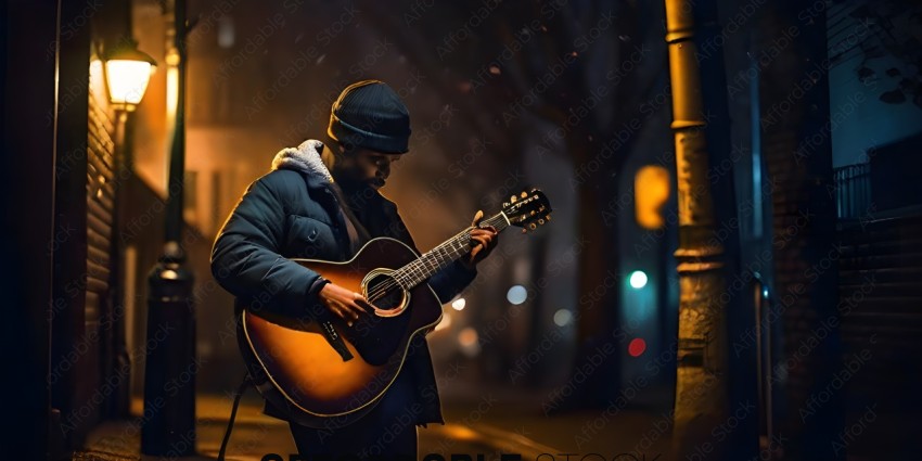 A man playing guitar on a street at night