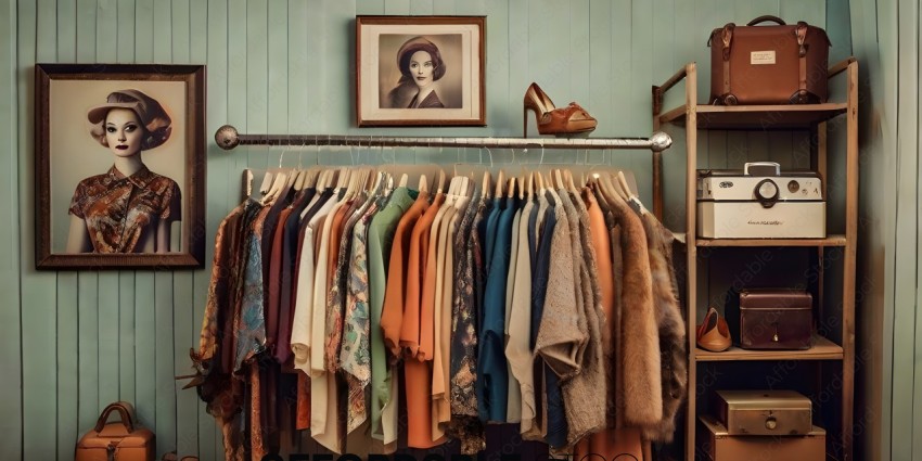 A rack of clothing with a picture of a woman on the wall