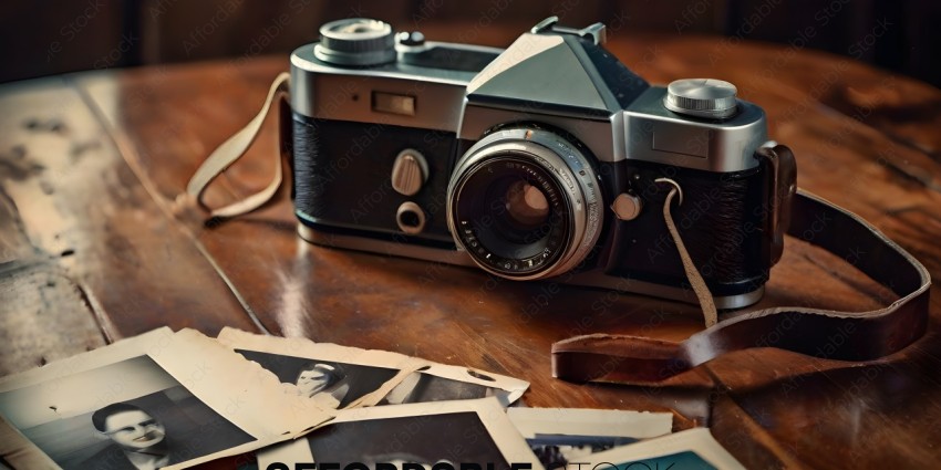A vintage camera with a leather strap