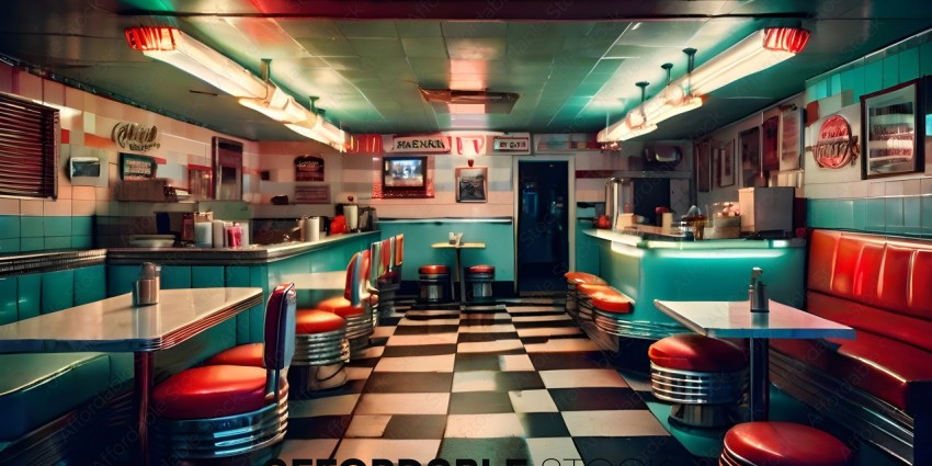 A restaurant with a checkered floor and blue walls