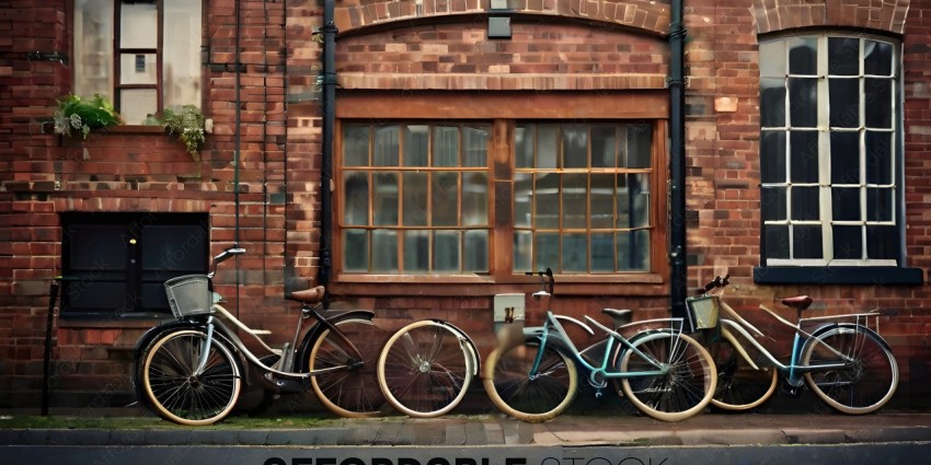 Bicycles parked in front of a brick building