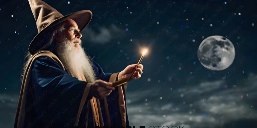 A wizard holds a lit torch in the night sky