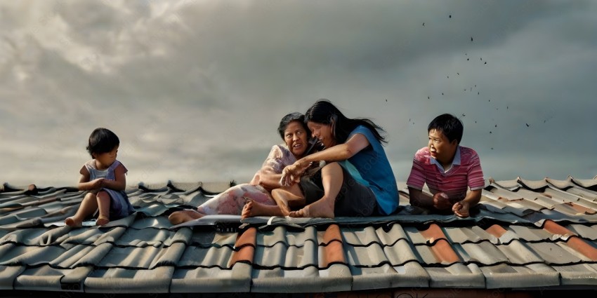 Three people sitting on roof of building