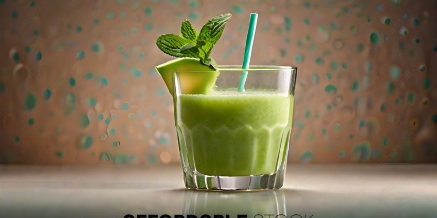 A glass of green liquid with a mint garnish