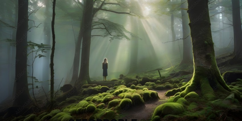 A woman standing in a forest with moss on the ground