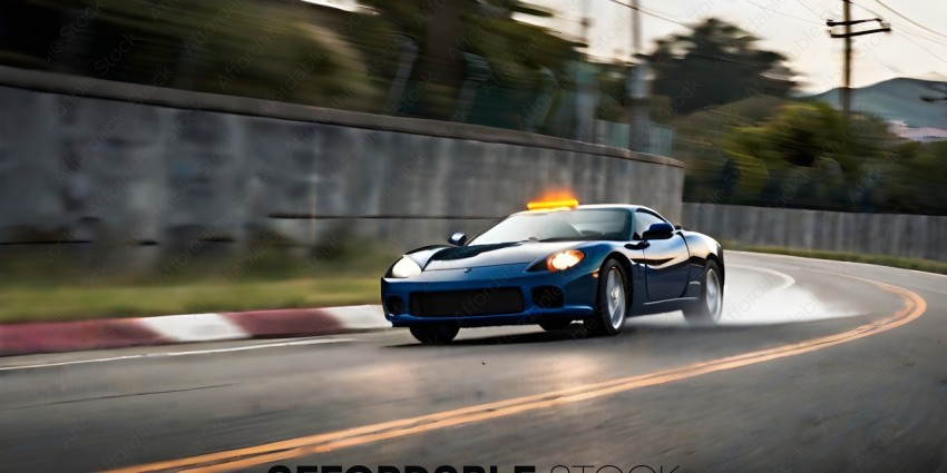 Blue sports car with a police car light on top