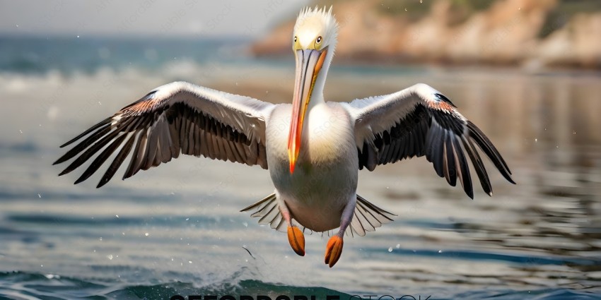A pelican with a long beak and orange feet flying over the water