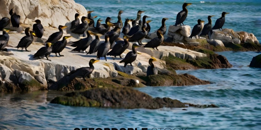 A group of birds on a rocky shore