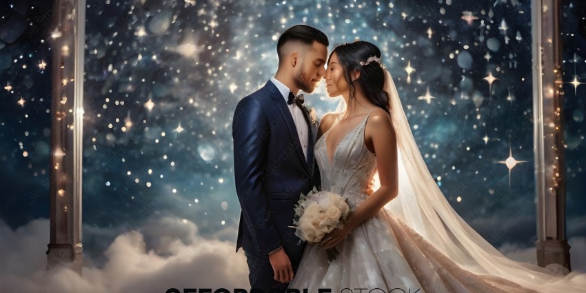 A Bride and Groom Kissing Under the Stars