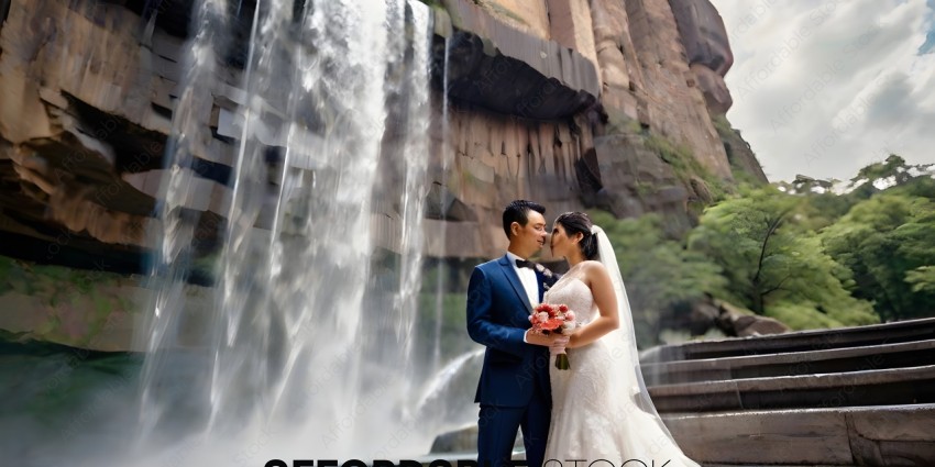 Bride and groom kissing in front of waterfall