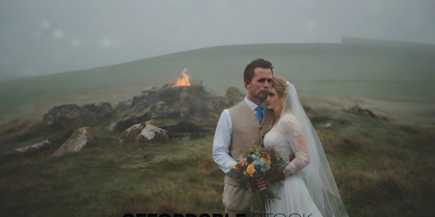 A Bride and Groom in a Field with a Fire in the Background