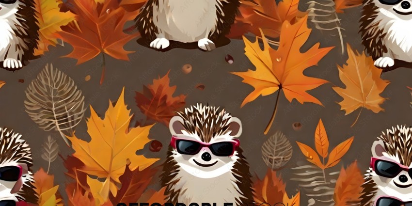 Two hedgehogs wearing sunglasses and surrounded by autumn leaves