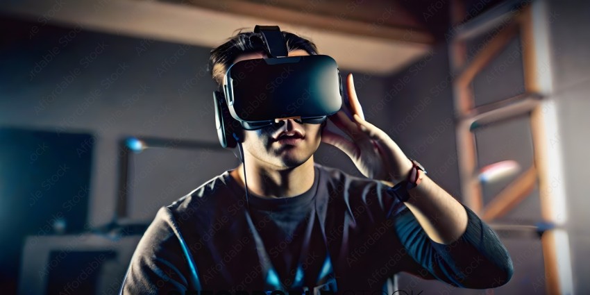 Man wearing a gray shirt and headphones, looking through a virtual reality headset