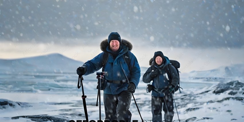 Two men in cold weather gear are walking in the snow