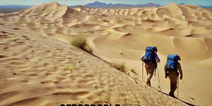A man with a backpack is walking up a sand dune