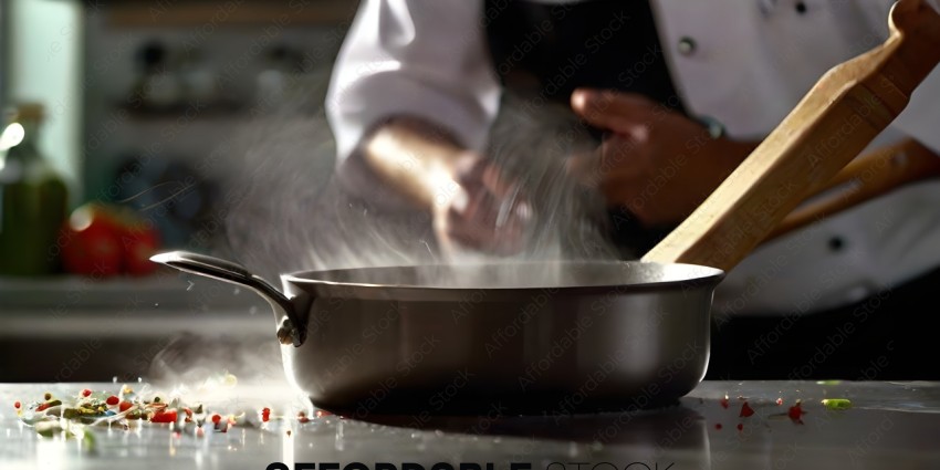 A chef is sprinkling seasoning on a pan of food