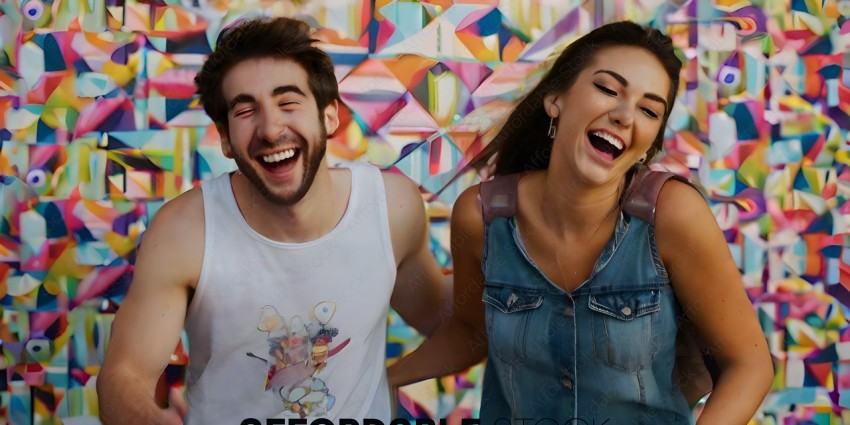 A man and a woman laughing together in front of a colorful background