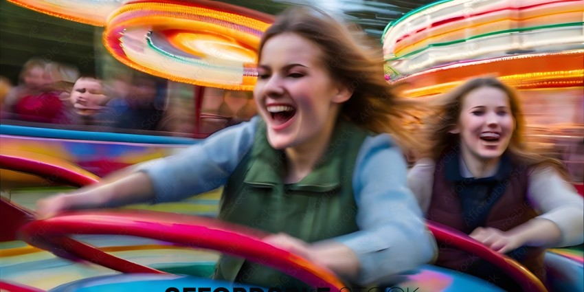 A girl in a green vest rides a carnival ride