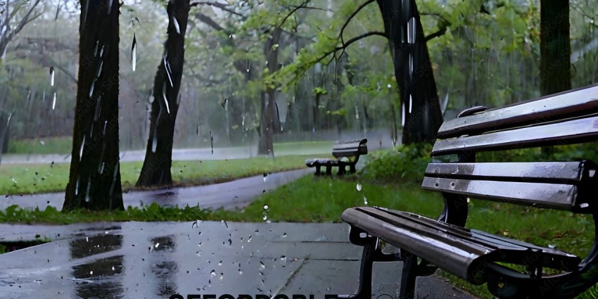 A park bench sits in the rain