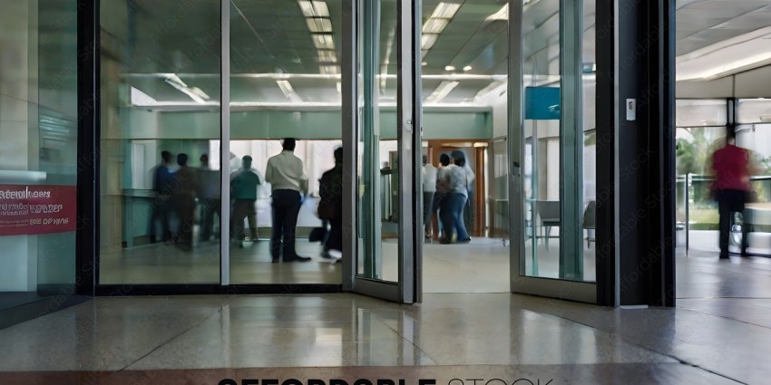 People in a large room with glass doors
