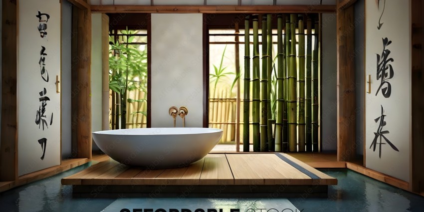 A large white bowl sits in a bathroom with bamboo walls