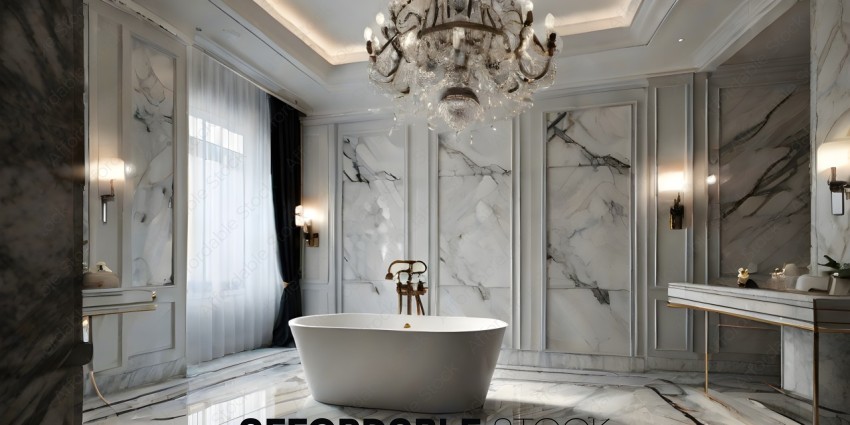A large white bathtub with a chandelier above it
