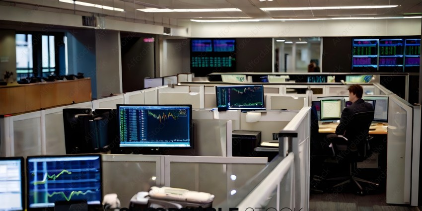 A group of computer monitors in a room