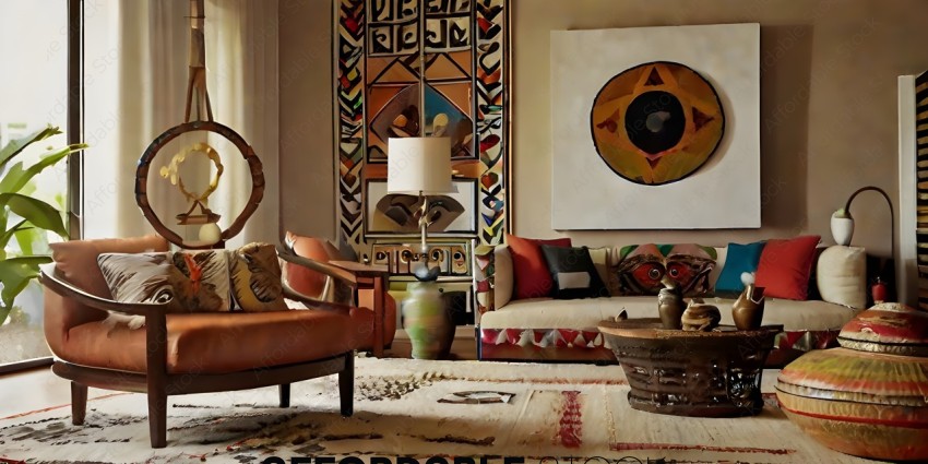 A living room with a colorful rug and a painting on the wall