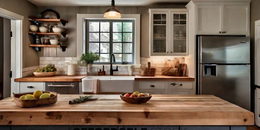 A kitchen with a wooden counter and a window