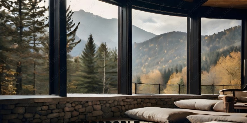 A view of mountains and trees through a window