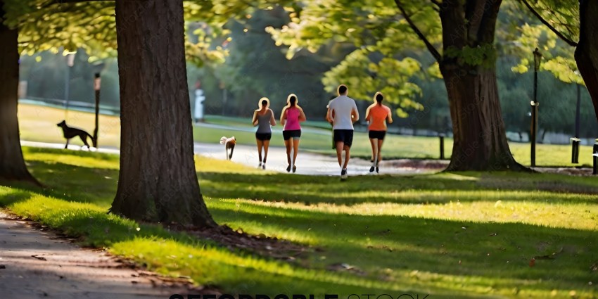 Five people jogging in a park