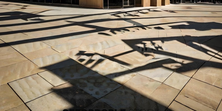 Shadows of a building on a tiled floor