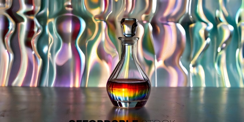 A glass vase with a rainbow colored liquid in it