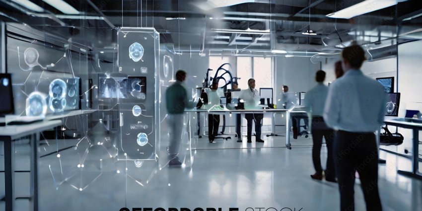 A group of people in a lab with a large machine in the background
