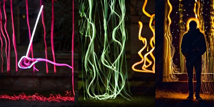 A series of neon lights in a dark setting