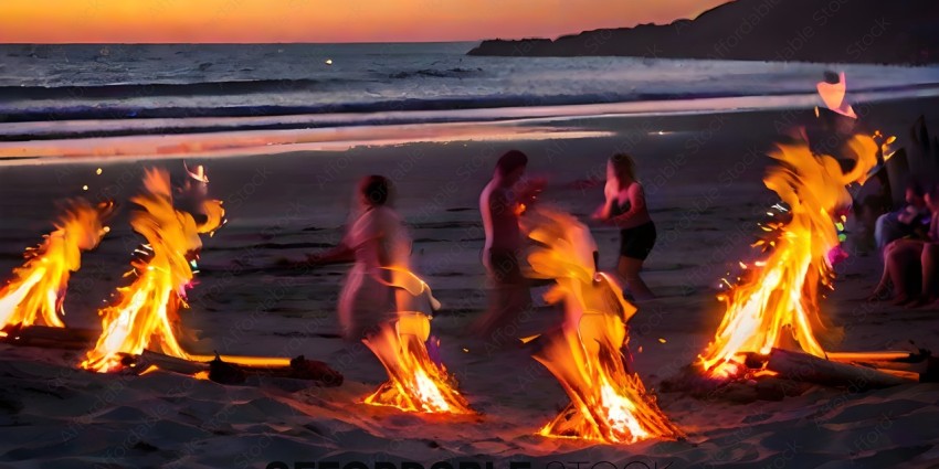 Three people running on the beach with fire in the background