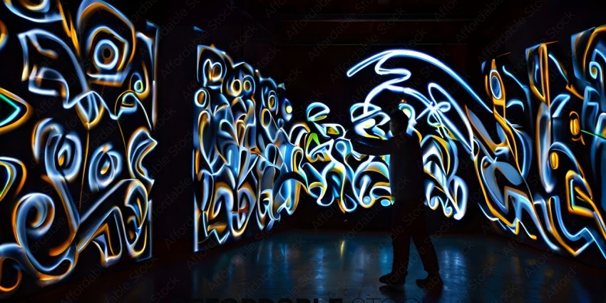 A man standing in front of a wall of abstract art