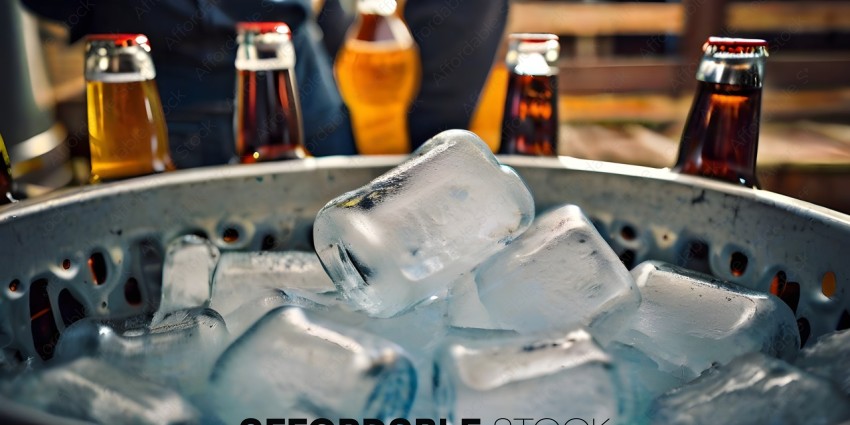 A large container of ice with a few bottles of soda