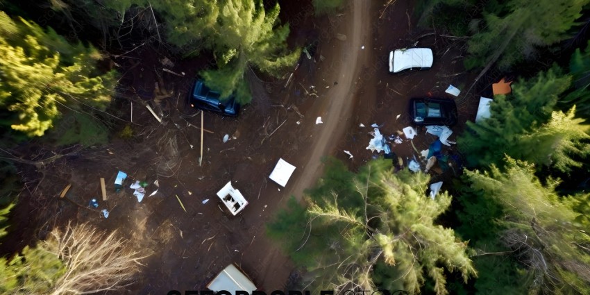 A messy scene of a car crash with debris and trees