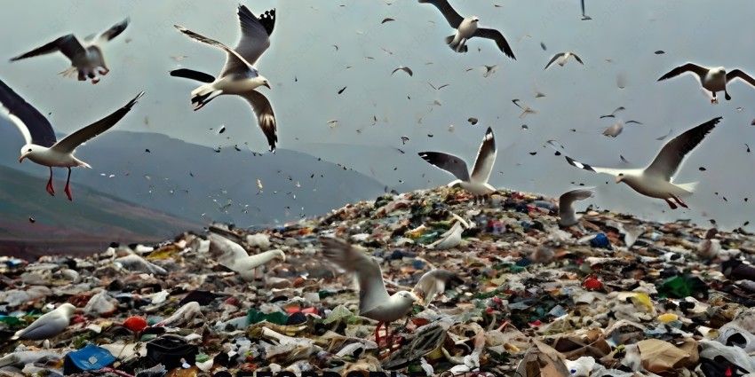 Seagulls flying over a pile of trash