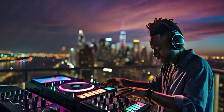 A man is DJing at night in a city