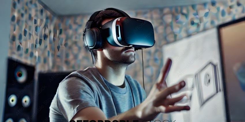 Man wearing headphones and using a virtual reality headset