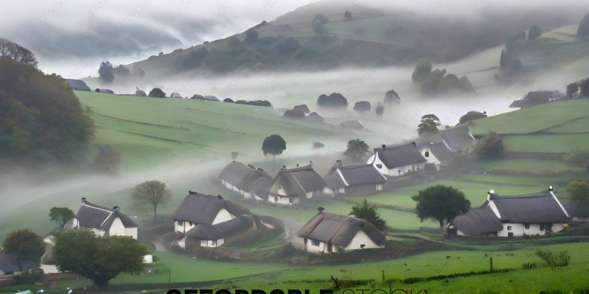Houses in a village with a misty atmosphere