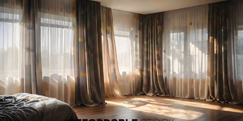 A room with curtains and a bed