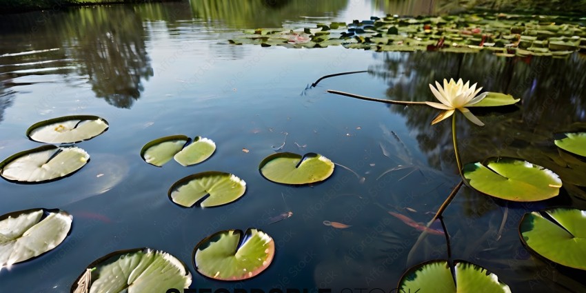 A pond with lily pads and a flower