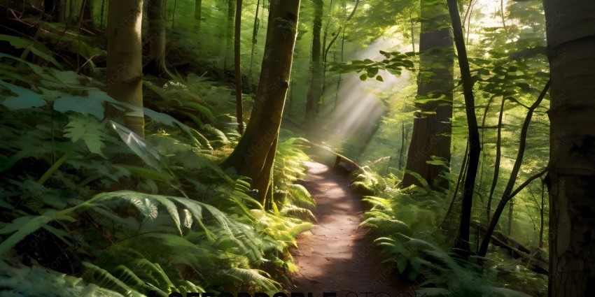 A pathway through a forest with sunlight streaming through the trees