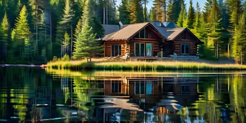 A lake view of a log cabin with a reflection of the cabin in the water